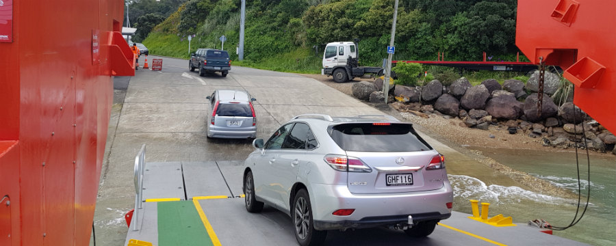 Cars offloading SeaLink ferry at Kennedy Point Waiheke Island