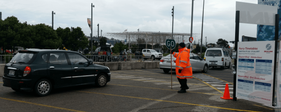 Traffic marshal at Wynyard wharf